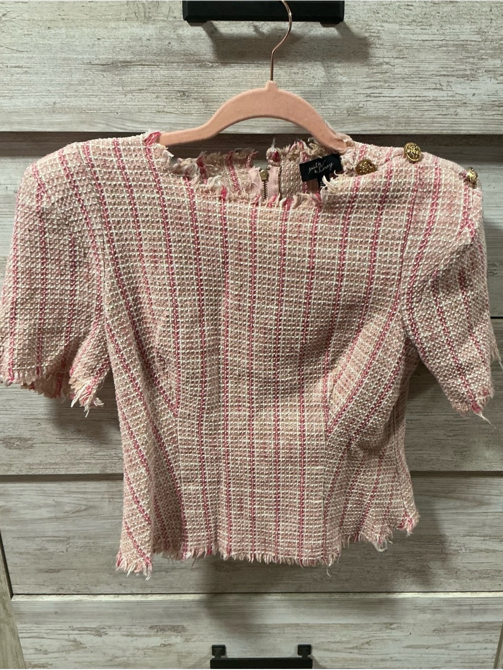 Frayed Pink Tweed Short-Sleeve Tunic with Button Detail